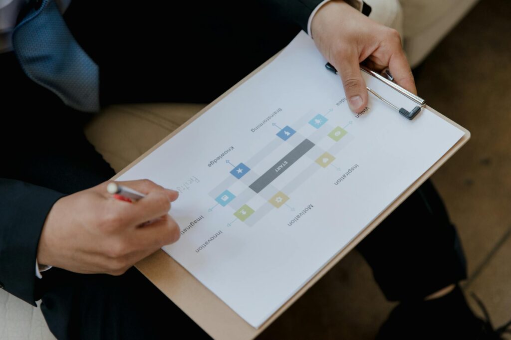 electrician reviewing certification documents and wiring diagram on desk